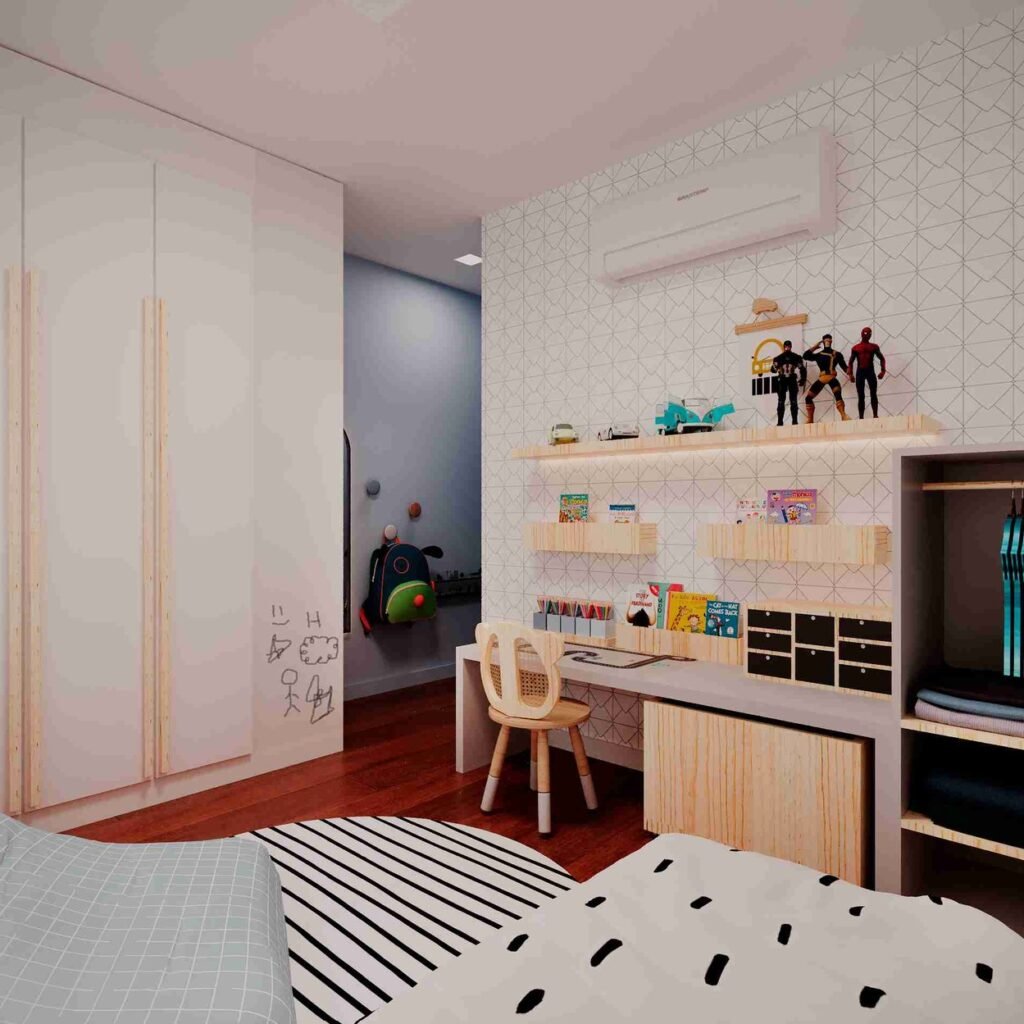 Quarto infantil com parede geométrica branca, escrivaninha e prateleiras de madeira clara