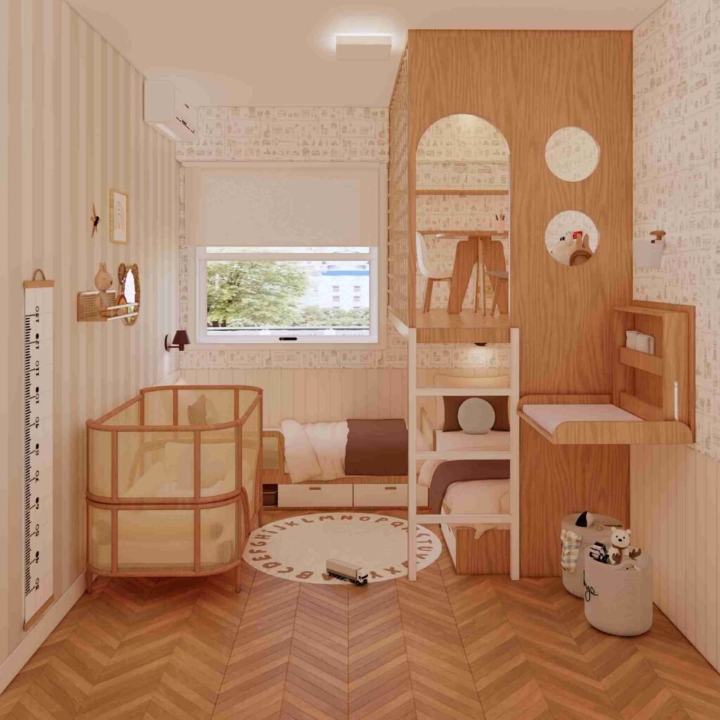 Quarto de irmãos com berço de rattan, beliche de madeira e piso em espinha de peixe